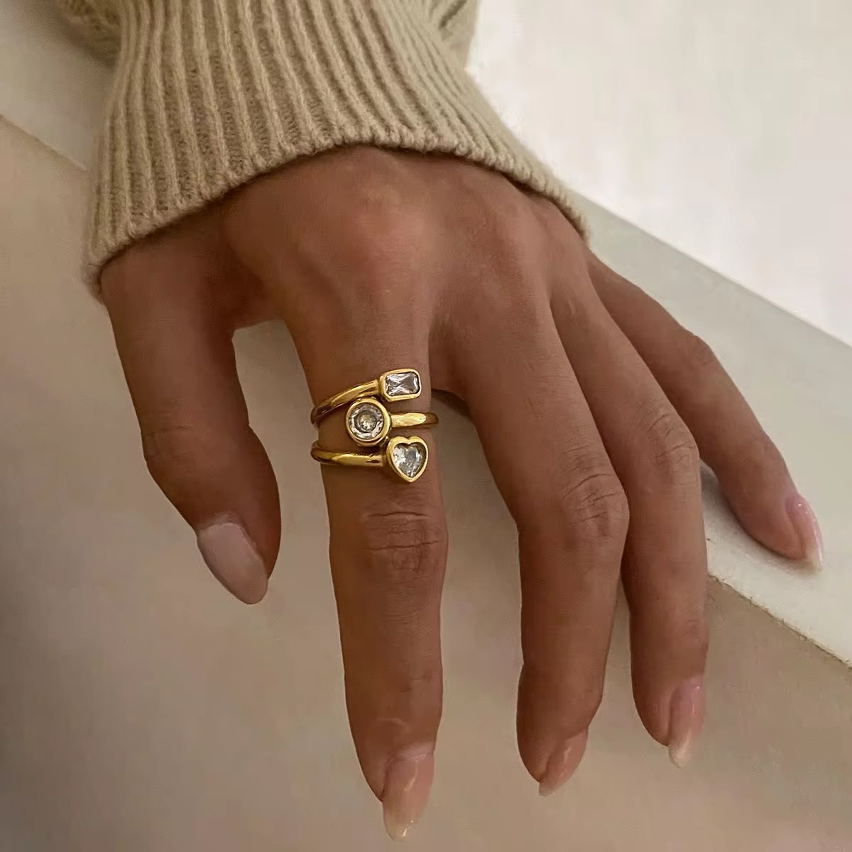 Zircon Multi Three Layers Hollowed 18k Plated Three-Layer-Heart Ring